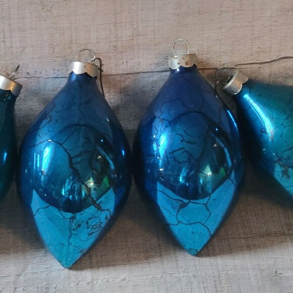 Vintage Shiny Brite Blue Glass Crackle Christmas Teardrop Ornaments Set Of 4 Mad - Picture 2 of 3